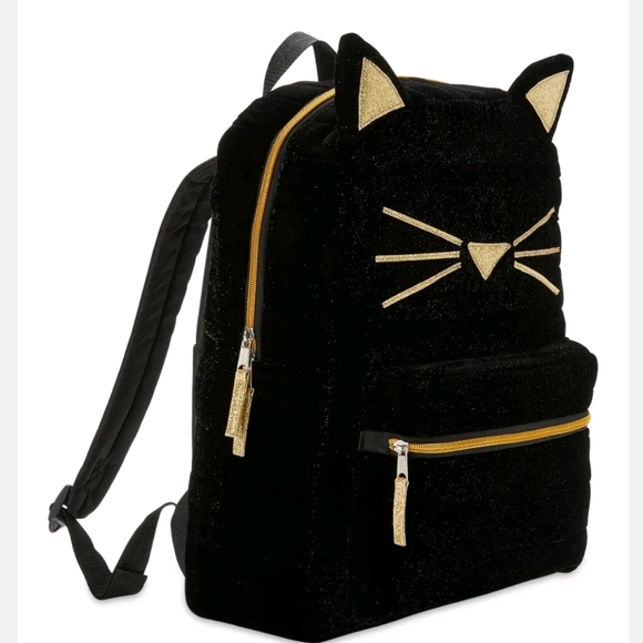 Black Gold velvet plush Velveteen Kitty Cat 16" Backpack, School Book Bag - Picture 1 of 5